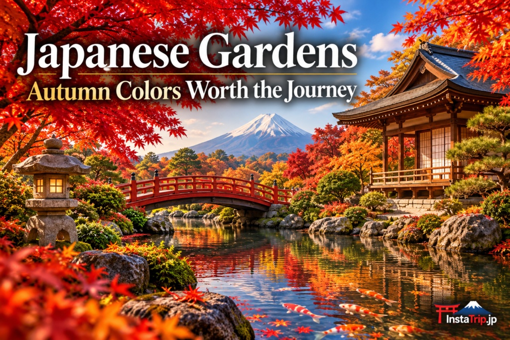 Japanese garden in autumn 紅葉 with red maple leaves, pond, stone lantern and traditional landscape design