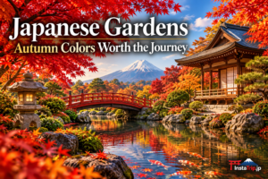 Japanese garden in autumn 紅葉 with red maple leaves, pond, stone lantern and traditional landscape design