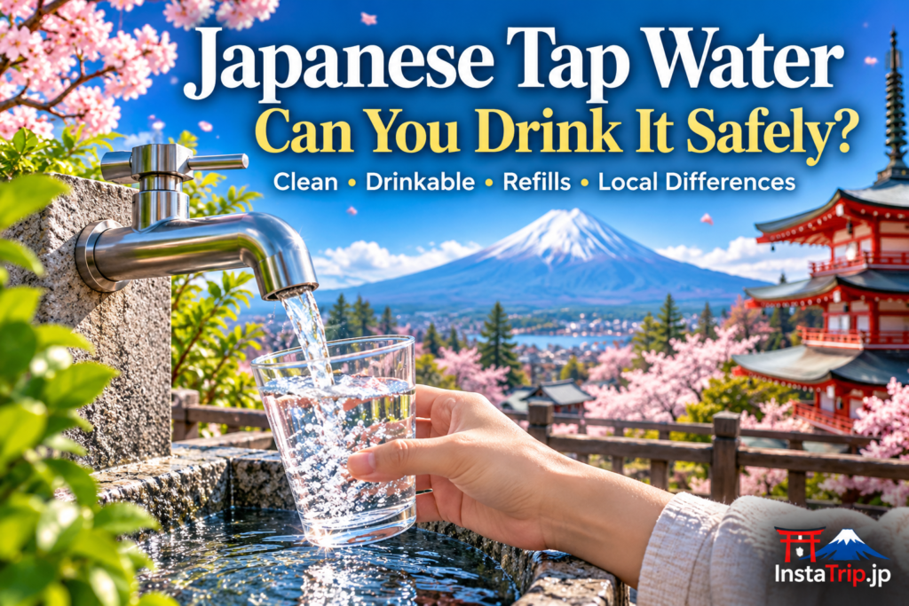 Japanese tap water 水道水 from a clean faucet in Japan, safe drinking water for travelers