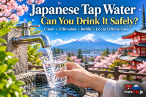Japanese tap water 水道水 from a clean faucet in Japan, safe drinking water for travelers
