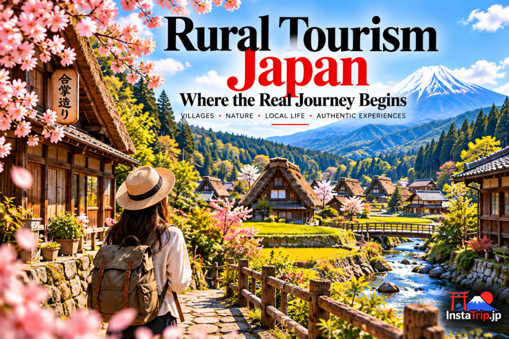 Rural tourism in Japan 里山 農泊 with traditional village, rice fields, mountains and countryside scenery