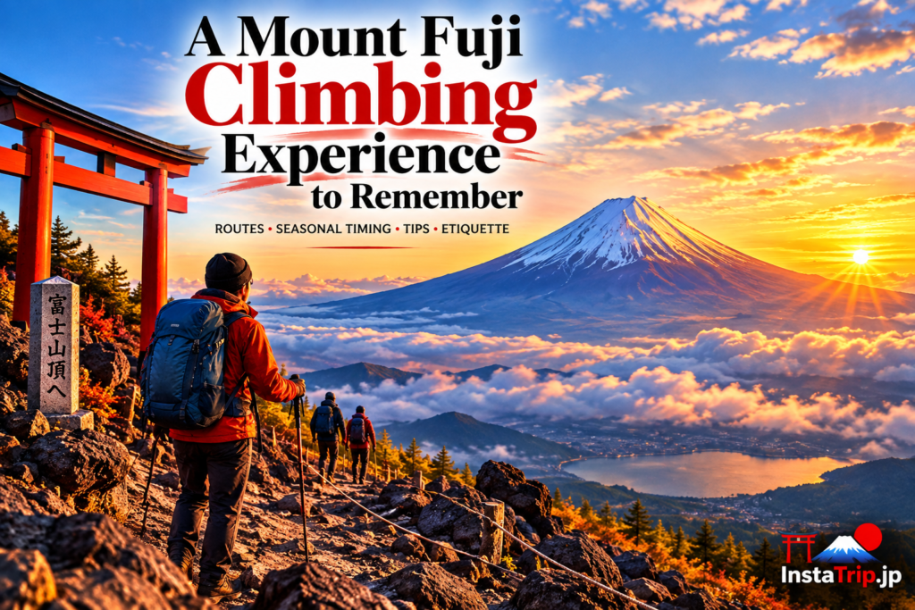Mount Fuji climbing guide 2026 富士山 with hikers on a volcanic trail near the summit in Japan
