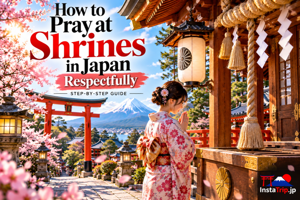 Japanese shrine etiquette 神社参拝 showing respectful prayer at a Shinto shrine in Japan