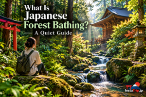 Japanese forest bathing 森林浴 shinrin-yoku in a peaceful cedar forest in Japan