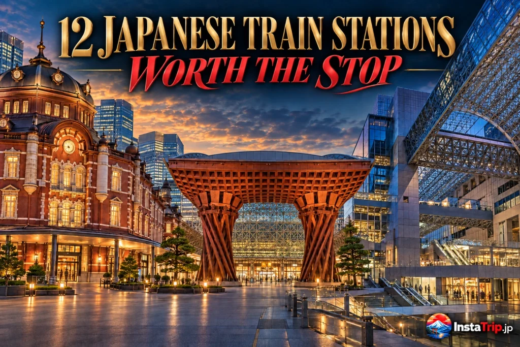 Editorial montage of Tokyo, Kanazawa and Kyoto stations with the title 12 Japanese Train Stations Worth the Stop and the InstaTrip.jp logo.
