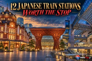 Editorial montage of Tokyo, Kanazawa and Kyoto stations with the title 12 Japanese Train Stations Worth the Stop and the InstaTrip.jp logo.