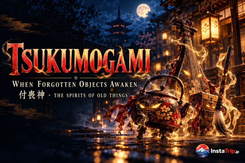 Tsukumogami (付喪神), animated old objects in a moonlit Kyoto street, with InstaTrip branding